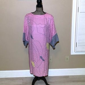Vintage 1980’s Pastel Pink Kimono Dress with Abstract Design.  Fits size Lg / XL